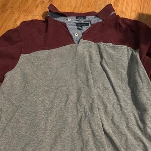 Tom Hilliger shirt, color, gray, blue red, buttoned up near the neck, comfy